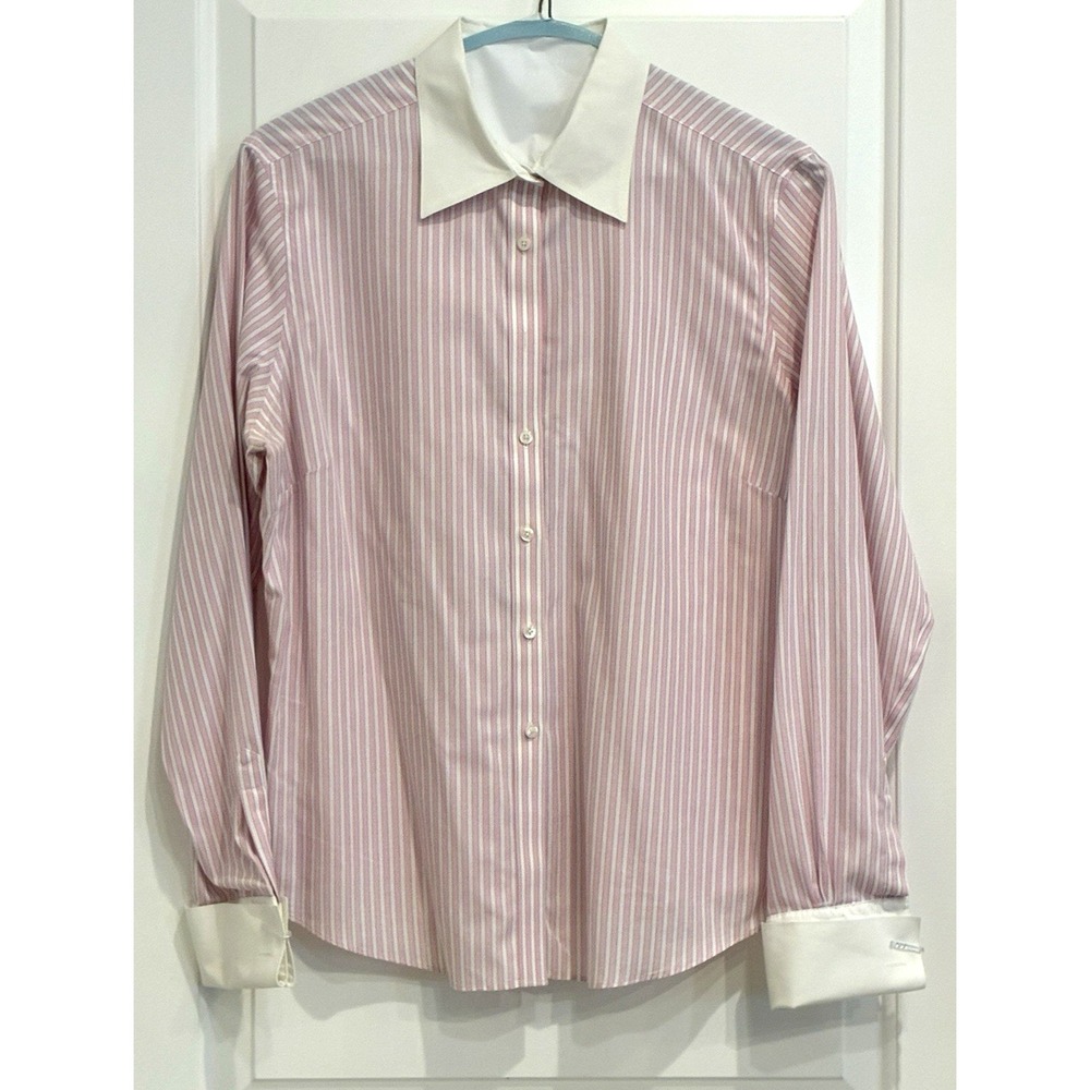 Brooks Brothers 346 Non-Iron Womens Button Up Shirt 16 Pink Striped French Cuffs
